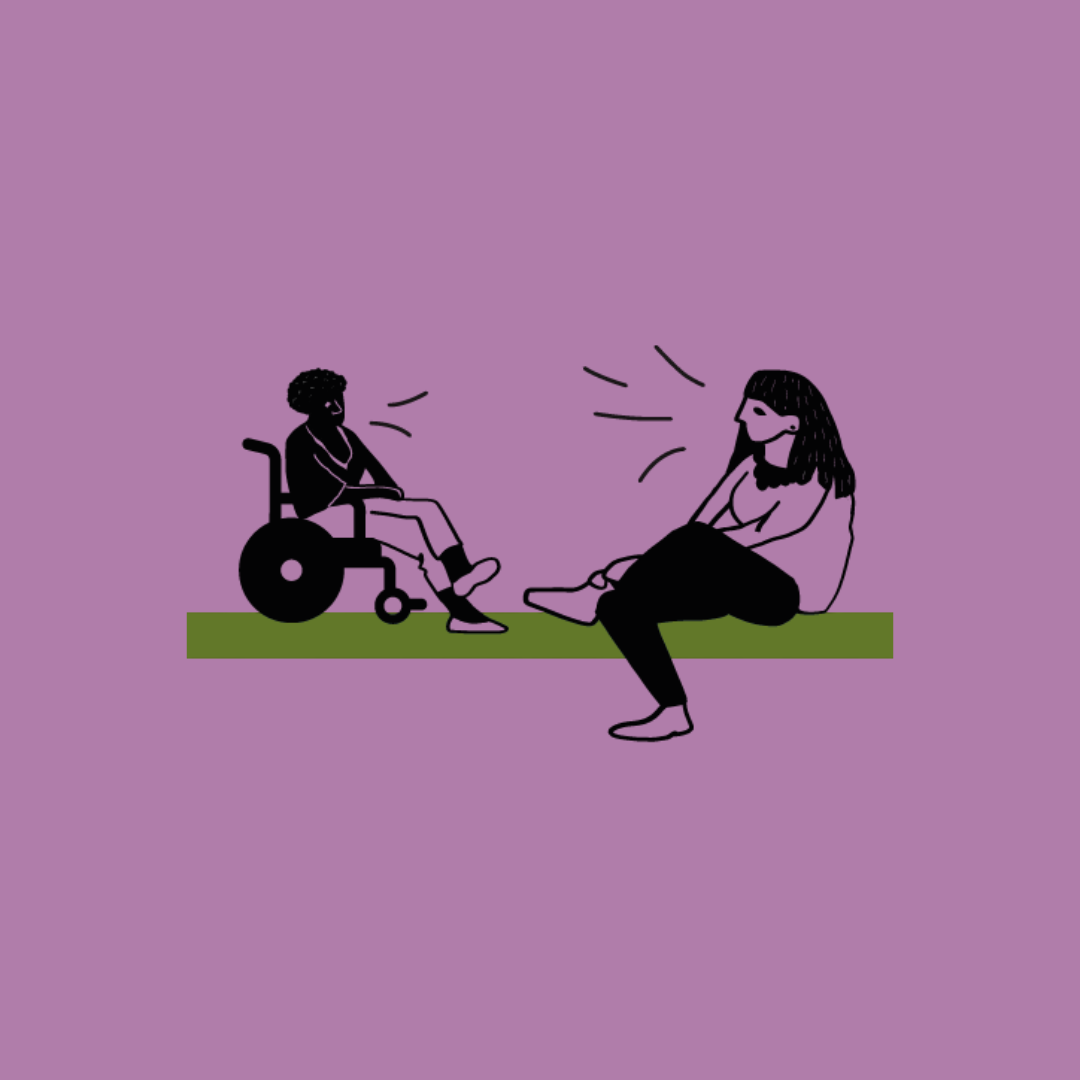 Illustration von zwei Menschen, die sich gegenübersitzen. Eine Person ist of Colour und sitzt in einem Rollstuhl.