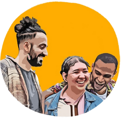 Illustration von drei Menschen vor gelbem Hintergrund. Alle drei lachen.